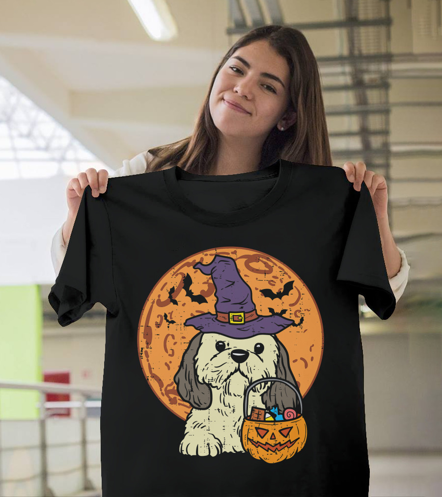 Shih Tzu Witch Hat Moon Jack O Lantern Halloween Dog T-Shirt