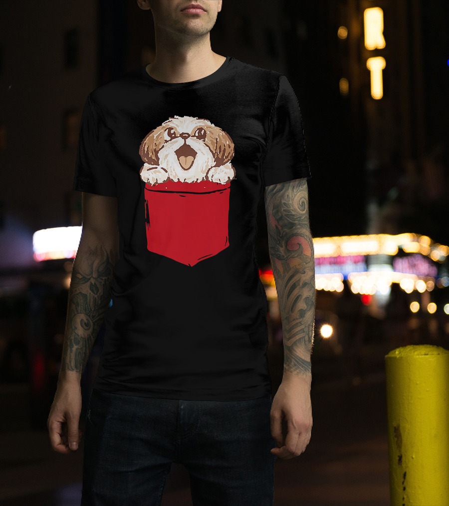 Shih-Tzu Puppy Dog Peeking Out Of Red Pocket T-Shirt