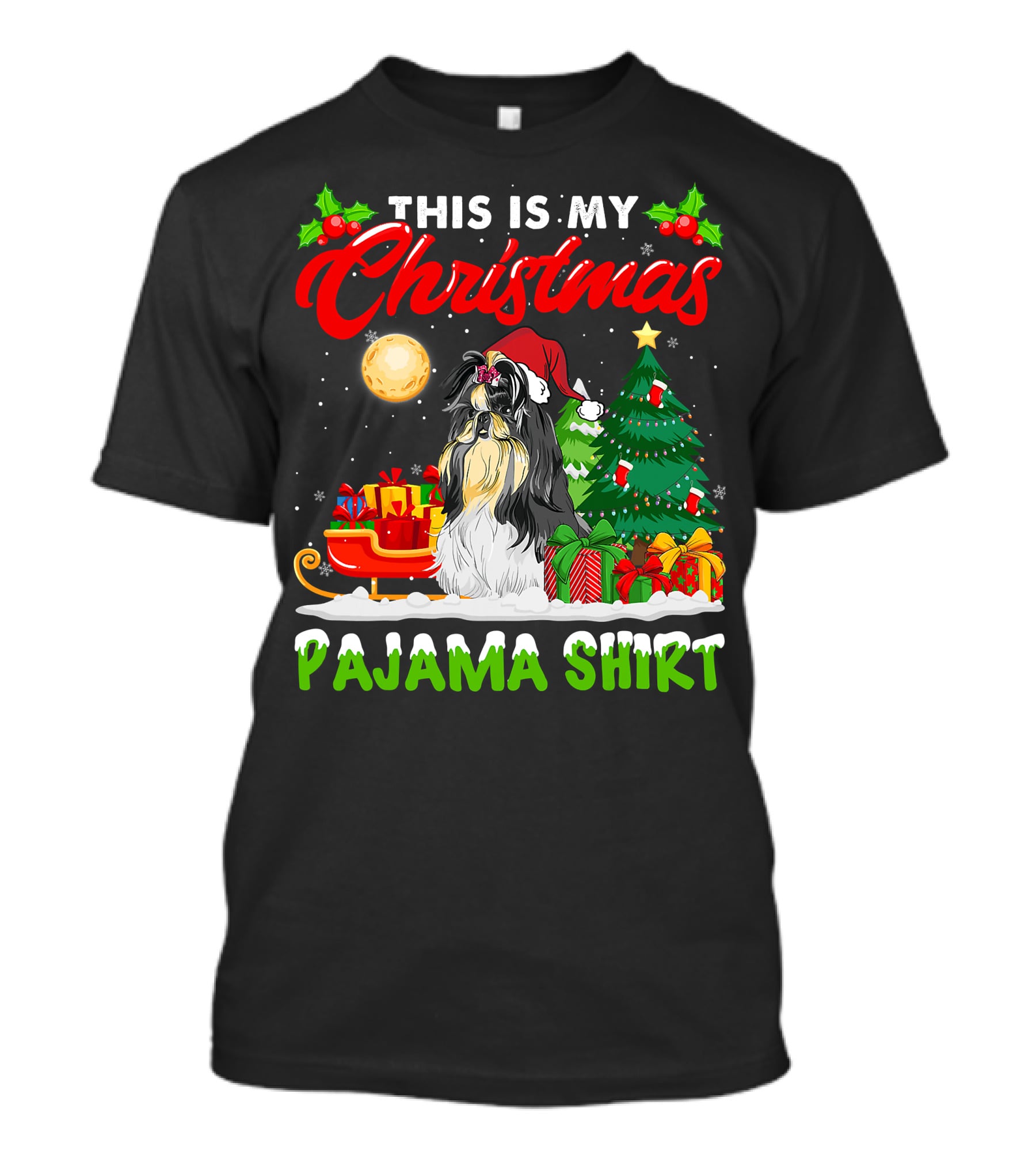 Christmas Pajama Shih Tzu Dog With Santa Hat And Presents T-Shirt