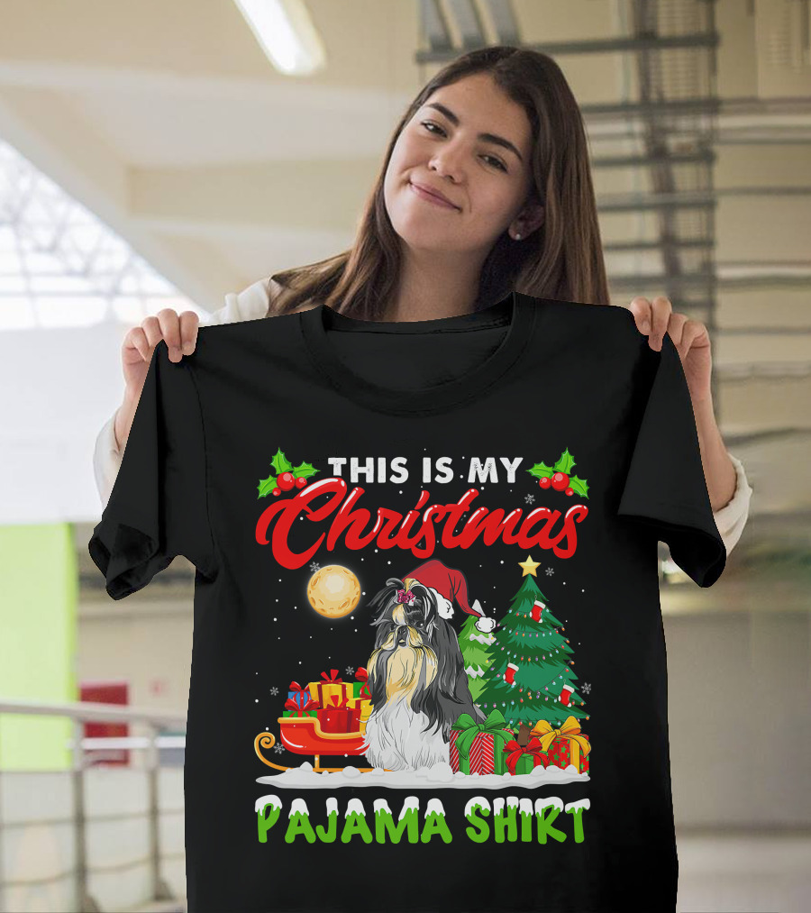 Christmas Pajama Shih Tzu Dog With Santa Hat And Presents T-Shirt