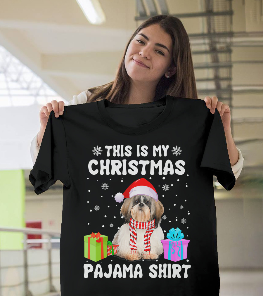 This Is My Christmas Shih Tzu Dog Pajama Puppy Love Santa Hat Presents T-Shirt