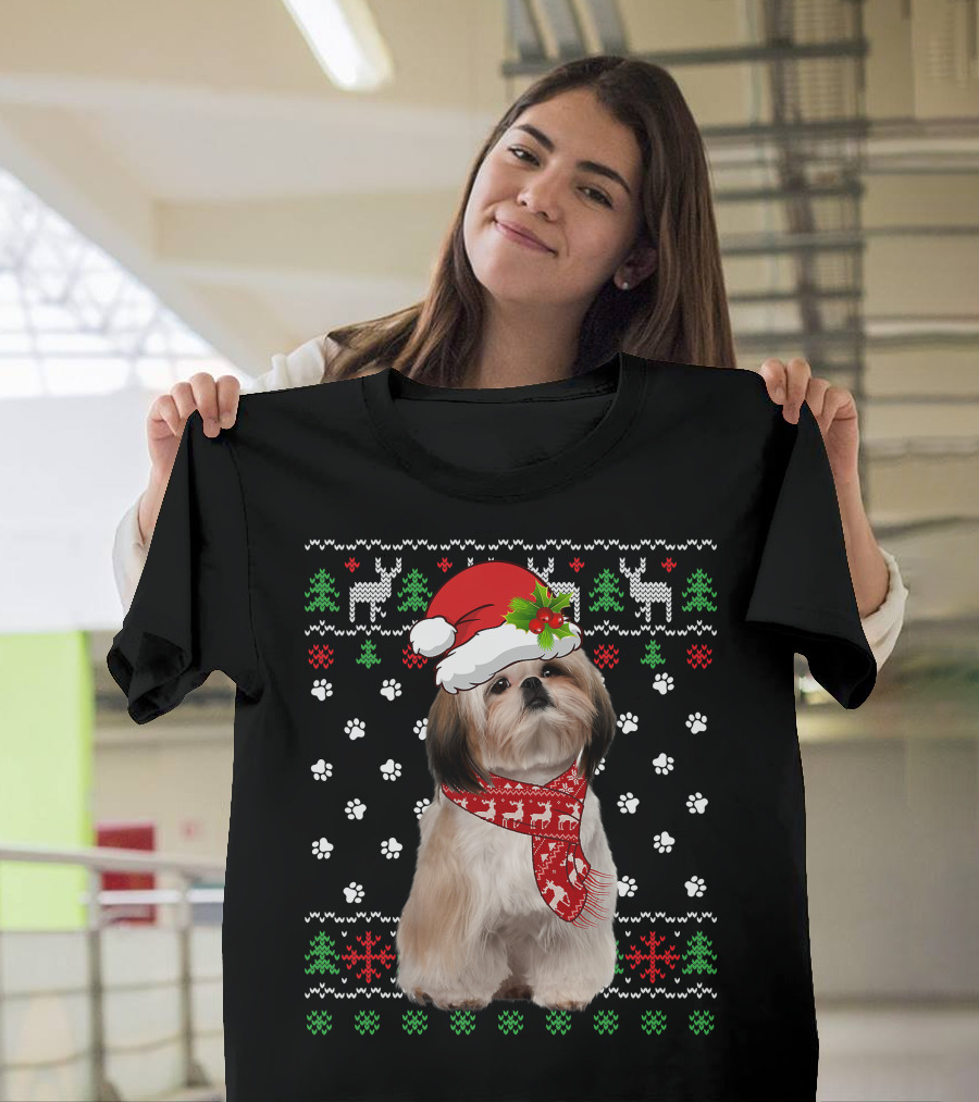 Christmas Shih Tzu Dog Puppy Ugly Sweater Santa Hat Reindeer Scarf T-Shirt