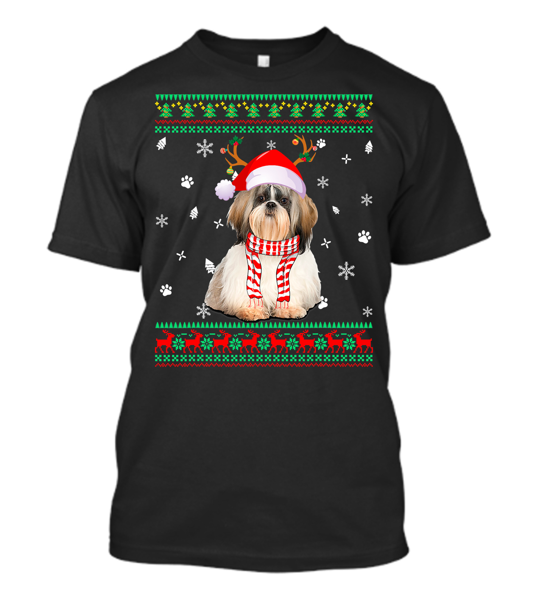 Ugly Sweater Christmas Shih Tzu Dog Santa Reindeer Hat Scarf Festive T-Shirt
