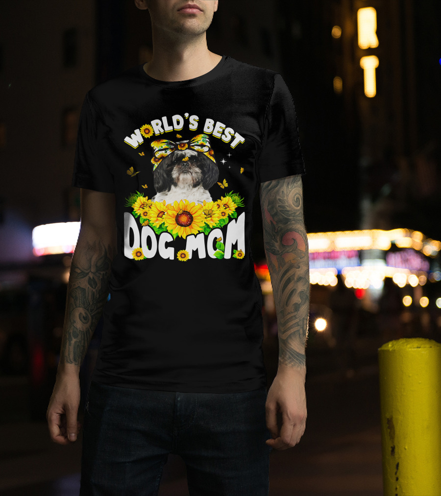 World's Best Shih Tzu Dog Mom Sunflowers And Butterflies T-Shirt