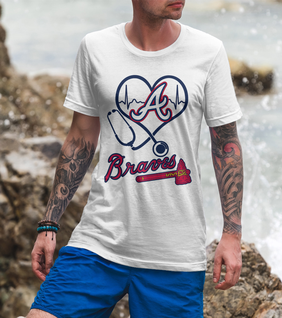 Nurse Heartbeat Stethoscope Atlanta Braves T-Shirt