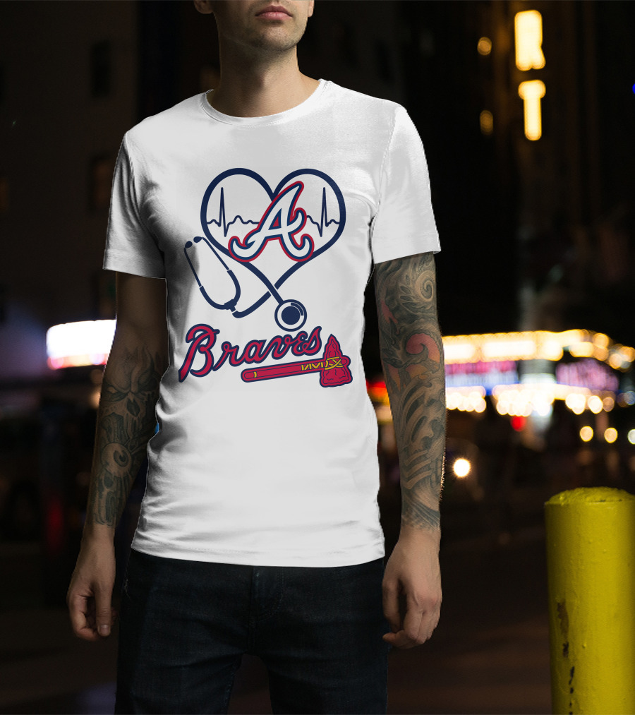 Nurse Heartbeat Stethoscope Atlanta Braves T-Shirt