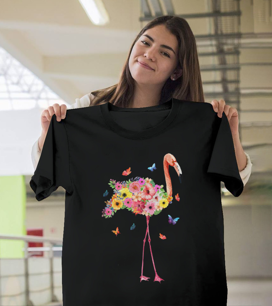 Pink Flamingo Watercolor Flowers and Butterflies Hawaiian Bird Lover Floral T-Shirt