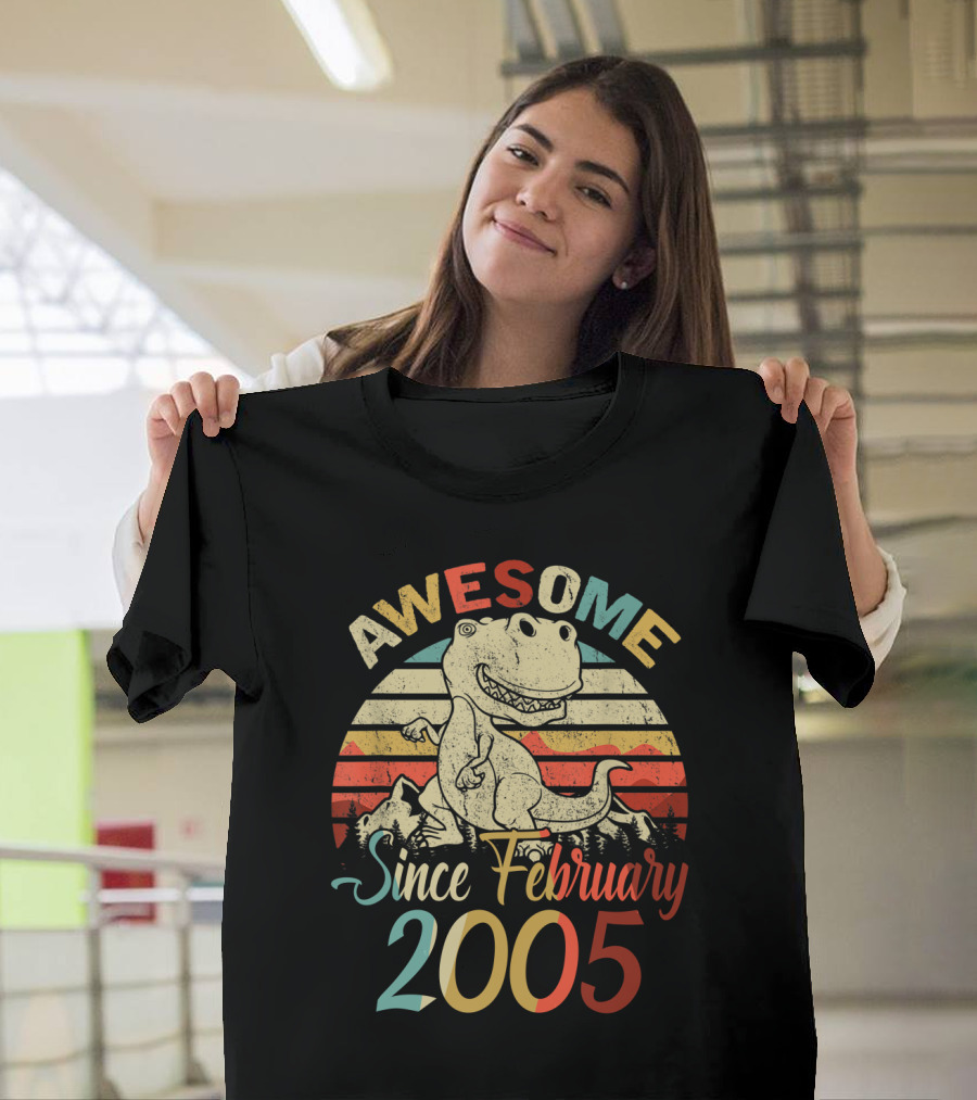 Awesome Since February 2005 Vintage Dinosaur Retro Stripes T-Shirt