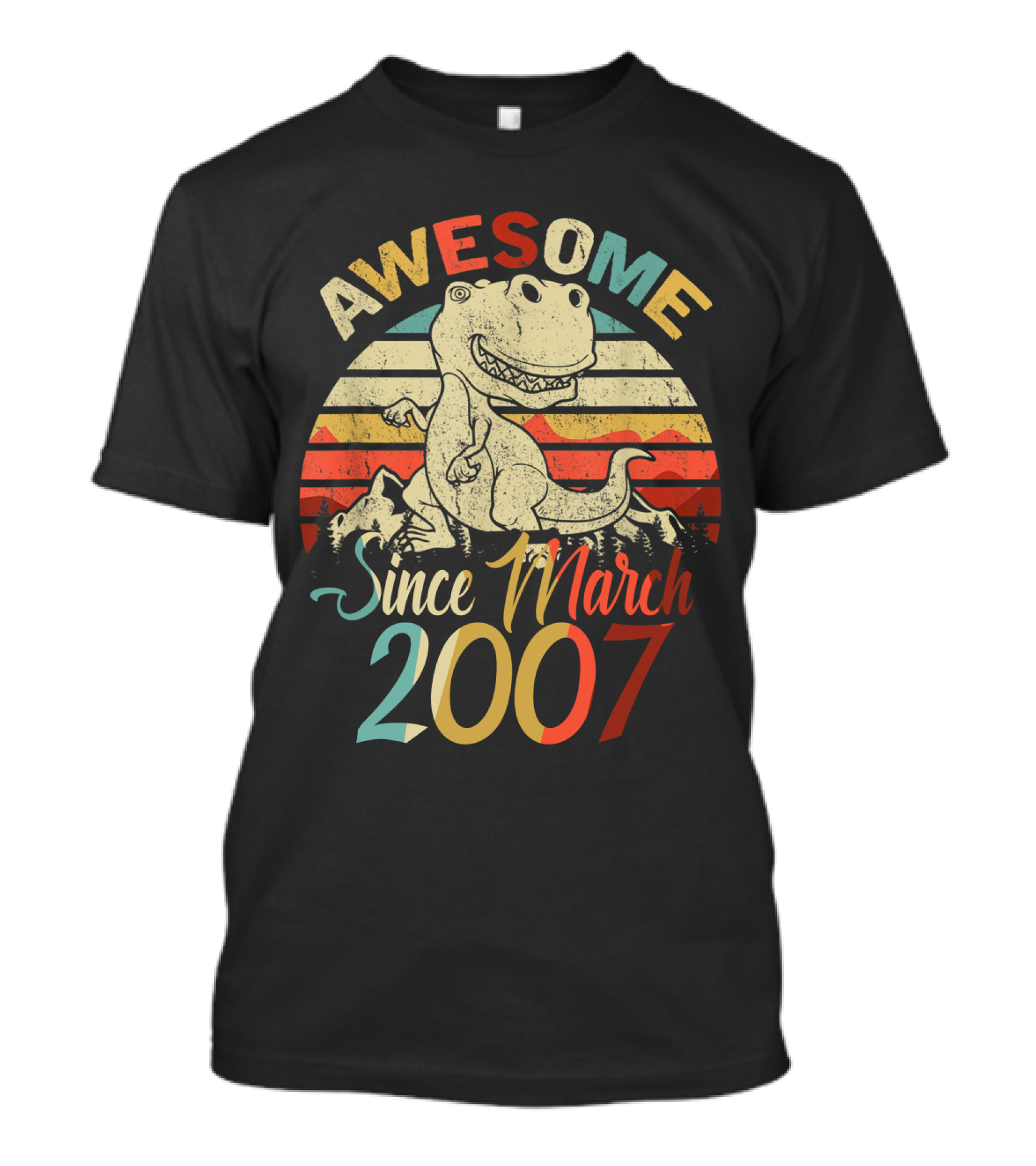 Awesome Since March 2007 Vintage Dinosaur Retro Stripes T-Shirt
