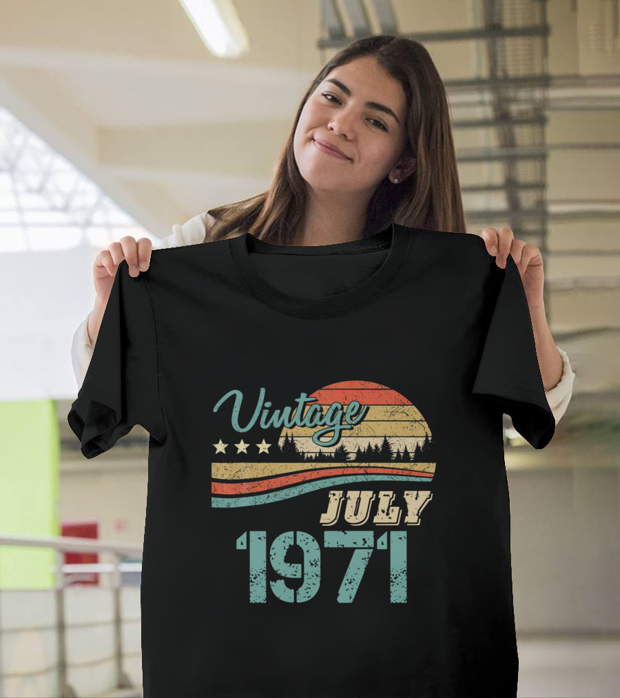 Vintage July 1971 Retro Sunset Forest Stripes T-Shirt