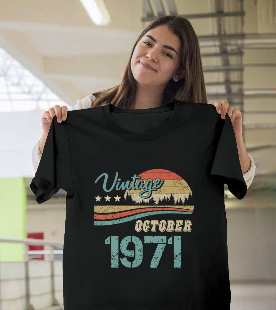 Vintage October 1971 Sunburst Forest Retro T-Shirt