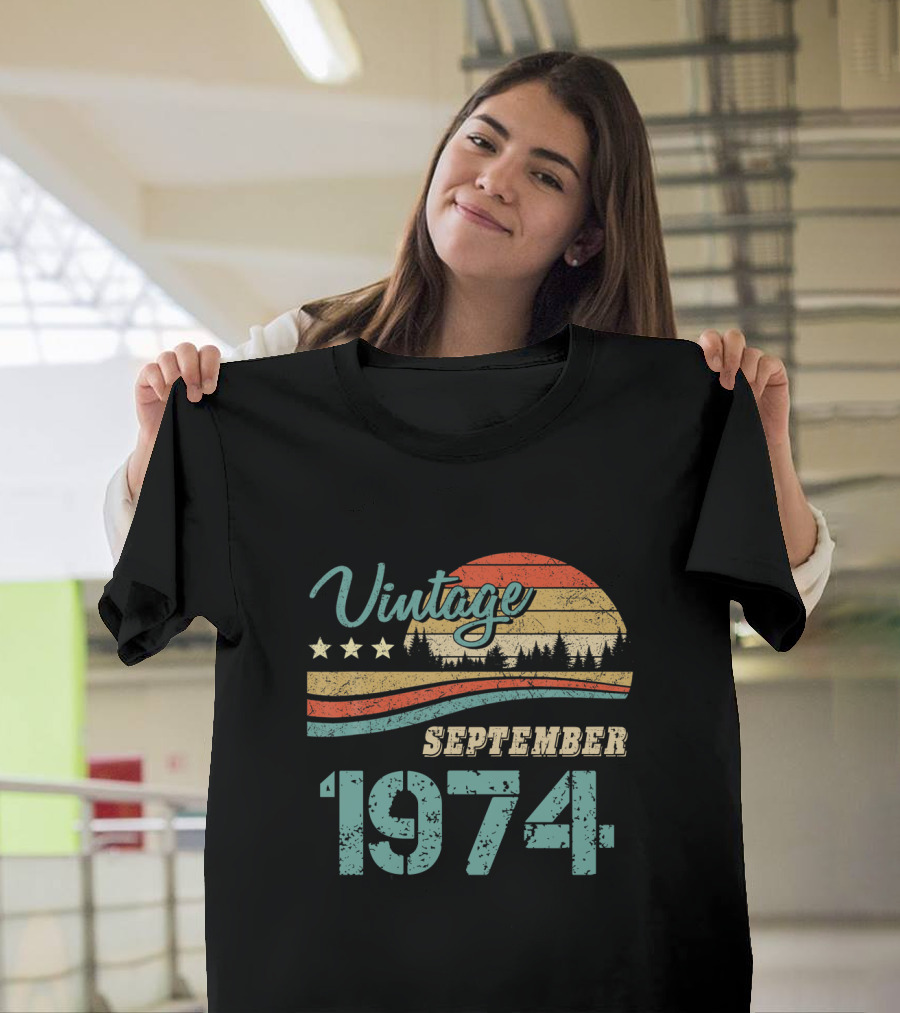 Vintage September 1974 Retro Sunset with Trees and Stars T-Shirt