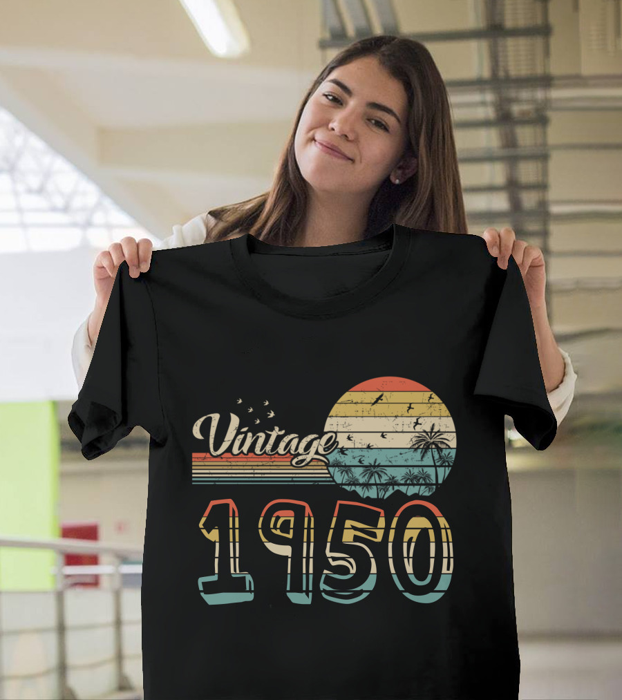 Vintage 1950 Retro Sunset with Flying Birds and Palm Trees T-Shirt