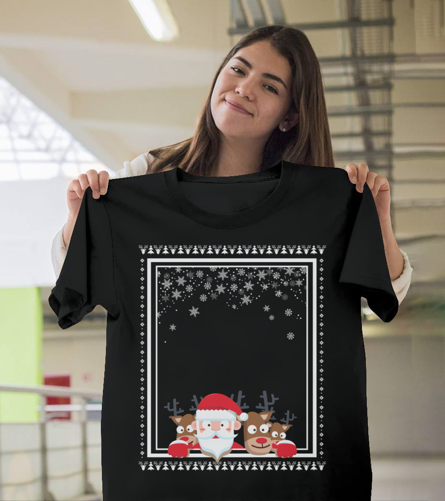 Santa with Reindeer and Snowflakes Chirstmas Frame T-Shirt