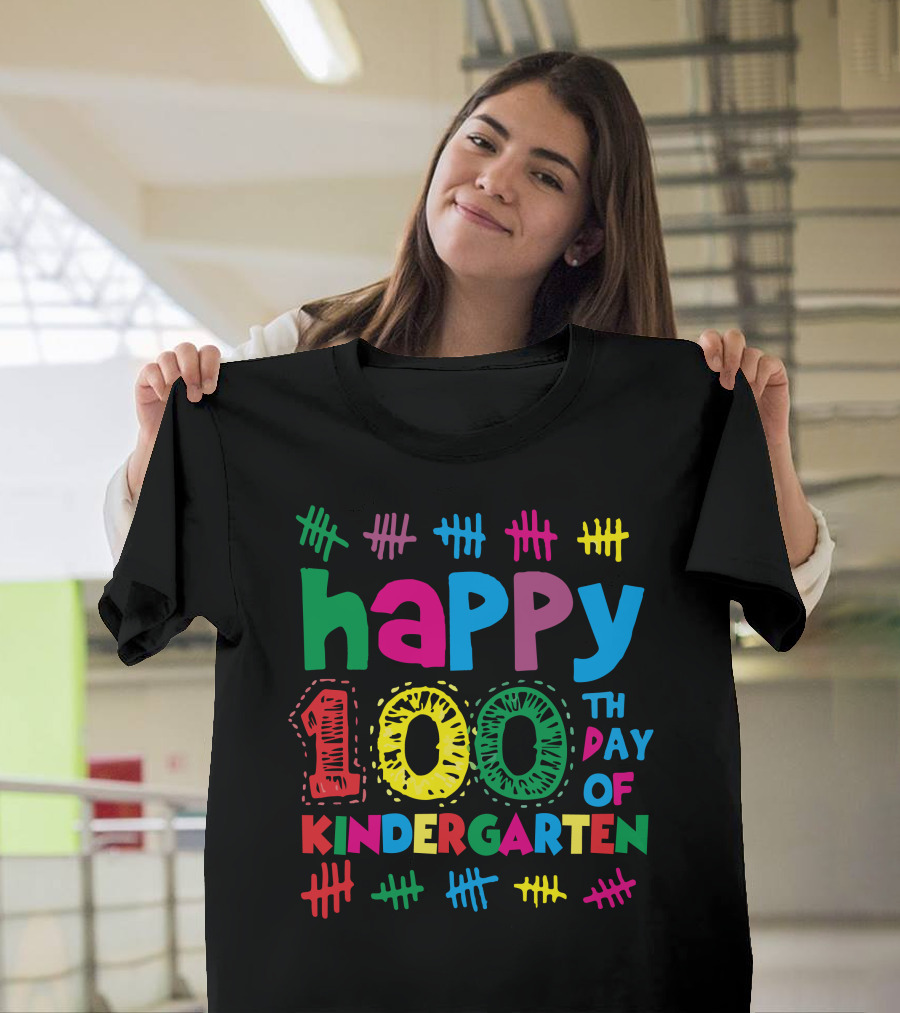 Happy 100th Day of Kindergarten Teacher Celebration Counting Marks T-Shirt