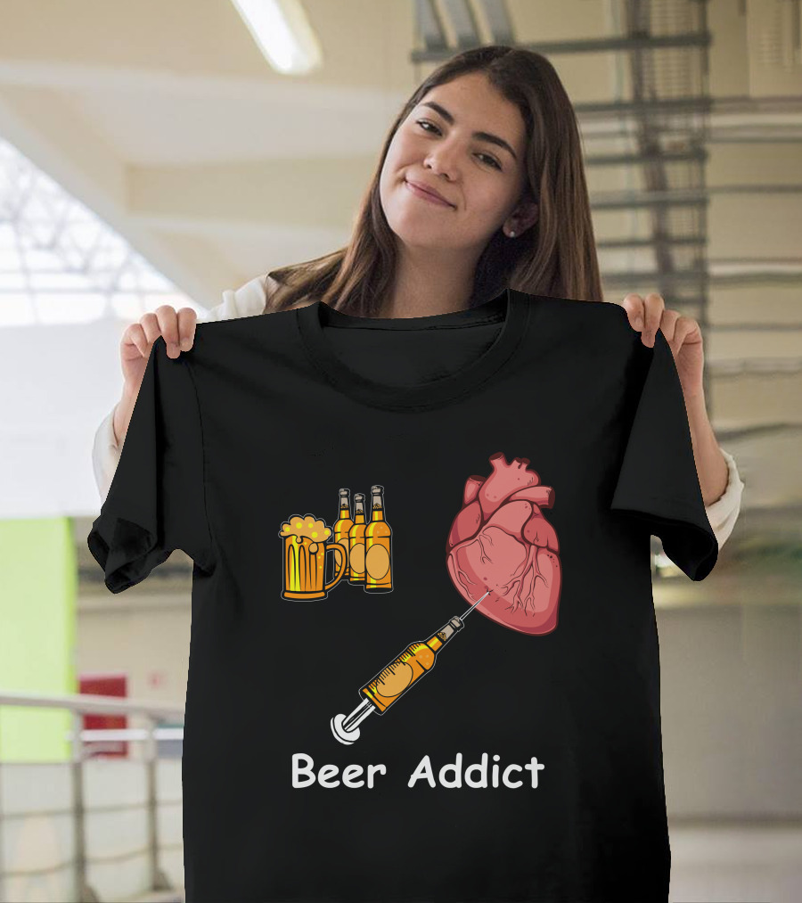 Beer Addict Heart and Syringe with Bottles and Mug T-Shirt
