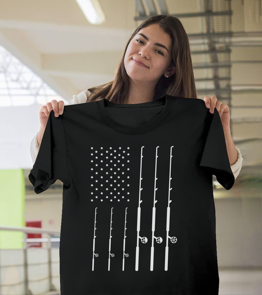 Fishing Rod American Flag Fisherman USA T-Shirt
