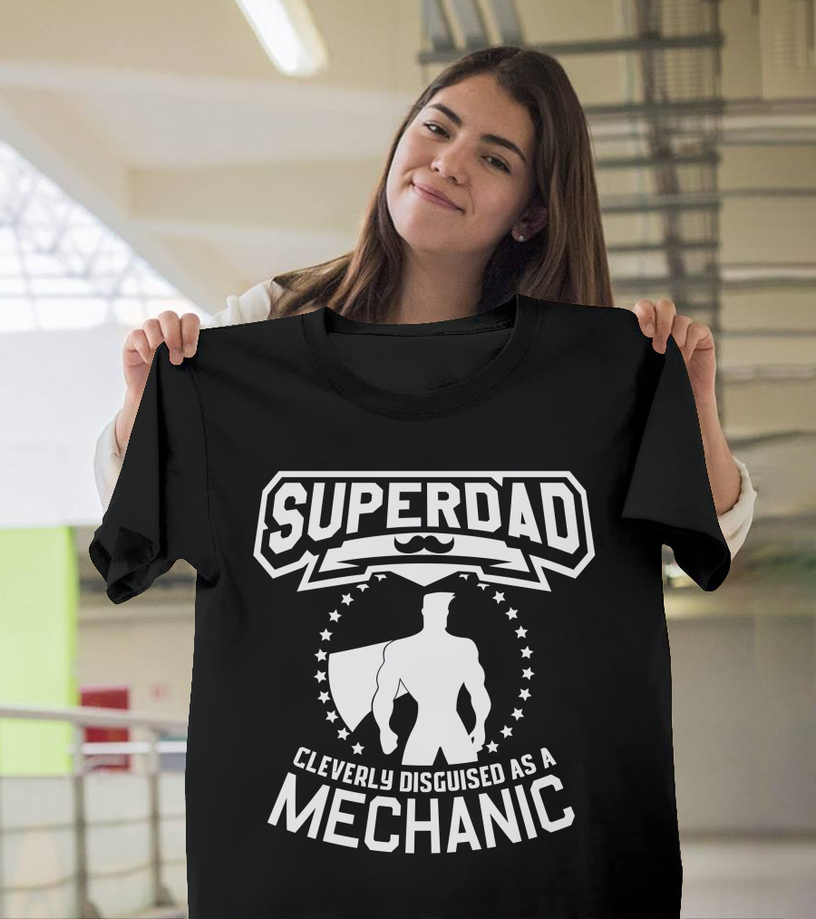 Super Dad Cleverly Disguised As A Mechanic Heroic Silhouette with Stars T-Shirt